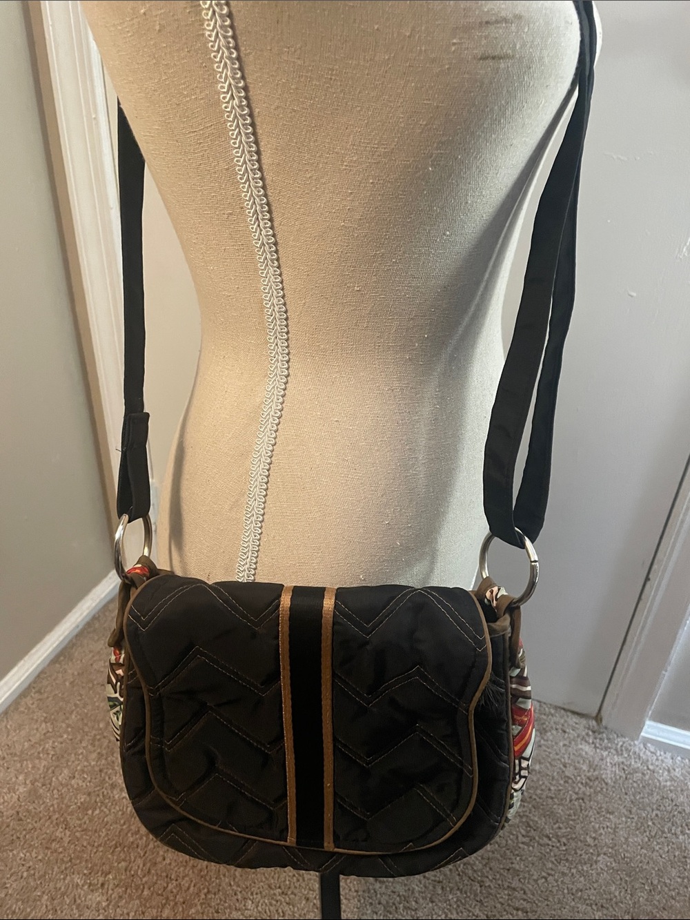 Quilted Black  poly Crossbody Shoulder Bag with Brown Trim